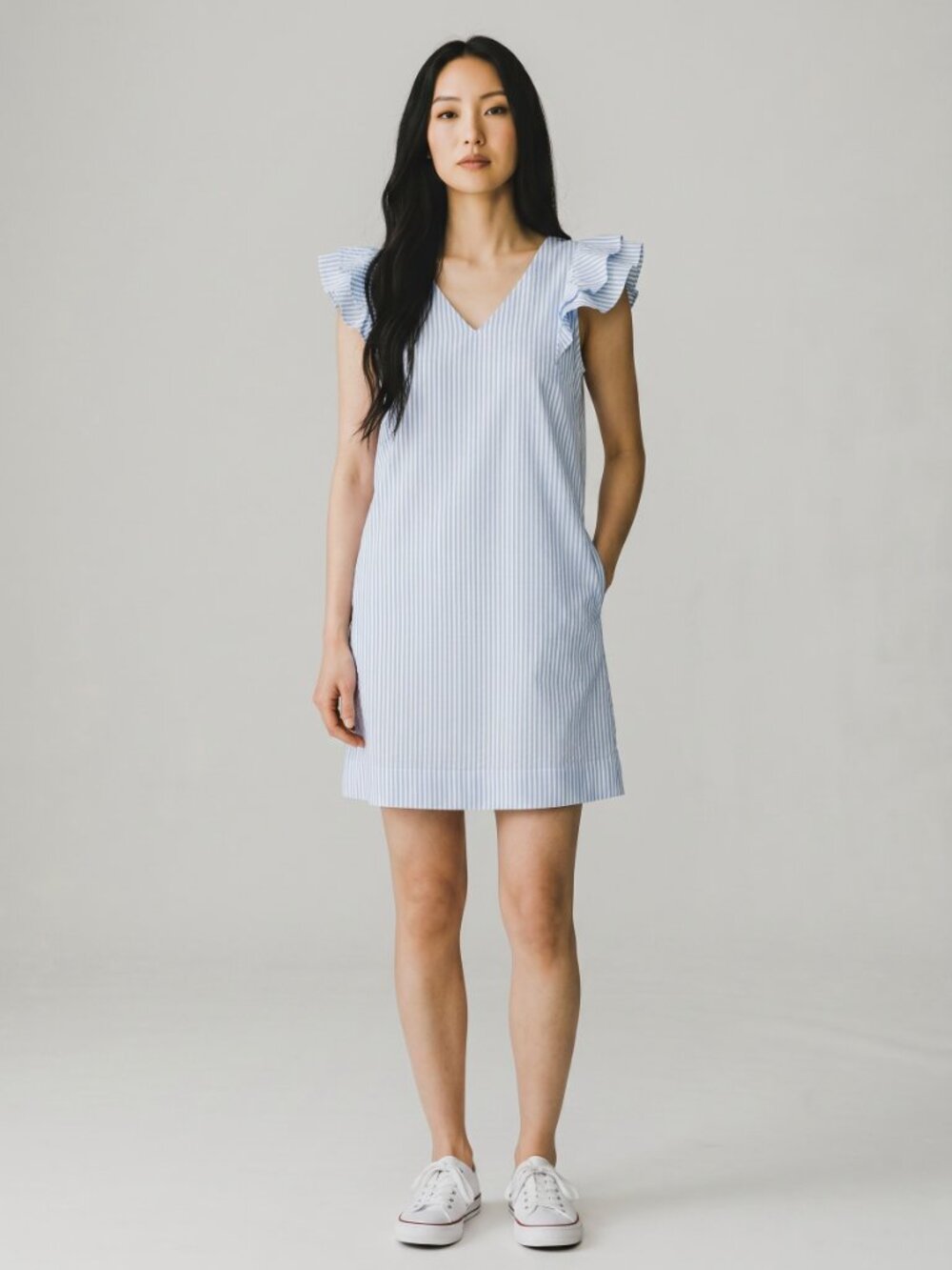 Draper James Light Blue Cotton Striped Dress with Ruffle Sleeves